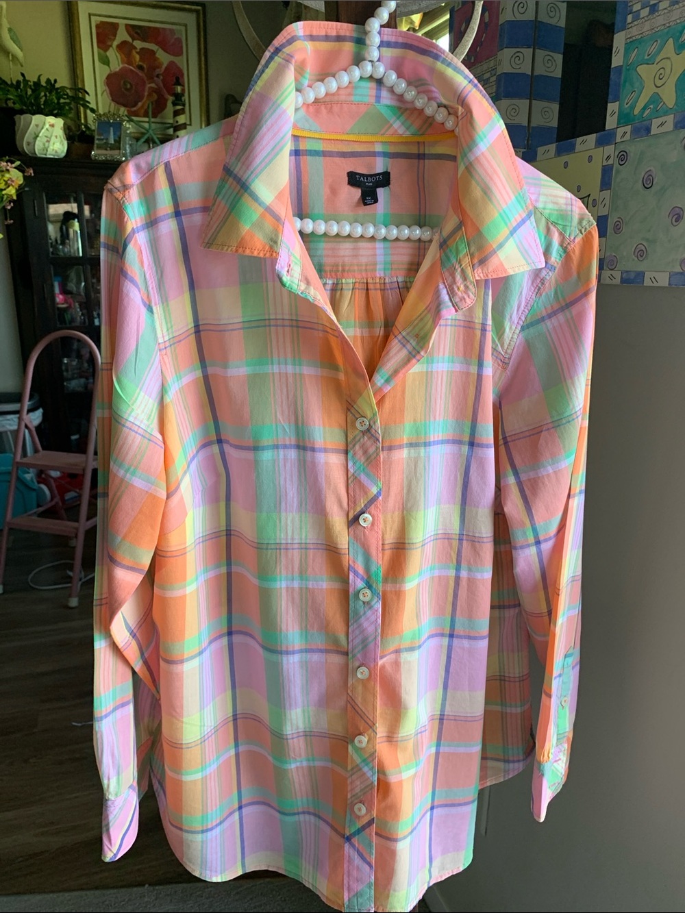 Talbots Multi Pastel Plaid Lightweight Button-Down Shirt Size 1X